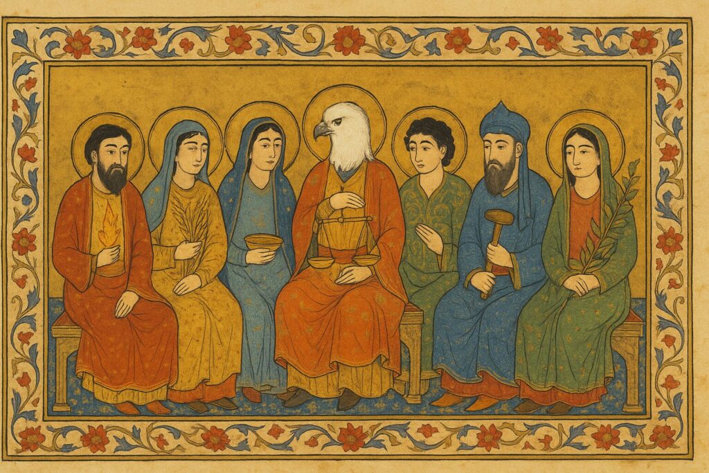 Seven robed figures seated in a row against a gold background, each with a golden halo and holding a symbolic object — flame, grain, a bowl, balance scales, open hands, a hammer, and a branch. The central figure has the head of an eagle. The illustration is rendered in Persian miniature style with a red floral border on cream.