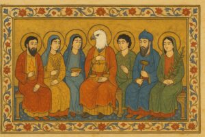 Seven robed figures seated in a row against a gold background, each with a golden halo and holding a symbolic object — flame, grain, a bowl, balance scales, open hands, a hammer, and a branch. The central figure has the head of an eagle. The illustration is rendered in Persian miniature style with a red floral border on cream.