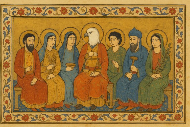 Seven robed figures seated in a row against a gold background, each with a golden halo and holding a symbolic object — flame, grain, a bowl, balance scales, open hands, a hammer, and a branch. The central figure has the head of an eagle. The illustration is rendered in Persian miniature style with a red floral border on cream.