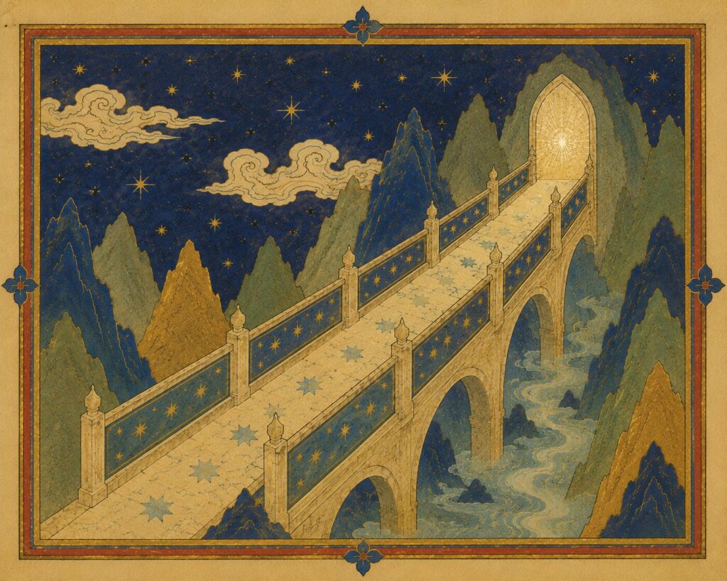 Persian miniature illustration of the Chinvat Bridge, an ancient stone bridge with star-carved railings ascending toward a radiant glowing archway, suspended over a luminous blue-white river in a night sky landscape of stylized mountains and gold-starred clouds, rendered in deep indigo, teal, and gold with an ornate decorative border.