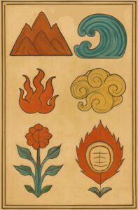 Six elemental symbols arranged in a three-by-two grid on aged parchment with a dark border. Top row: terracotta mountain peaks representing Earth and Metals, and a teal stylized wave representing Water. Middle row: orange and red flames representing Fire, and a golden cloud spiral representing Air and Wind. Bottom row: an orange flower on a teal stem representing Plants, and a flame encircling a circular symbol with a grid pattern representing Soul.